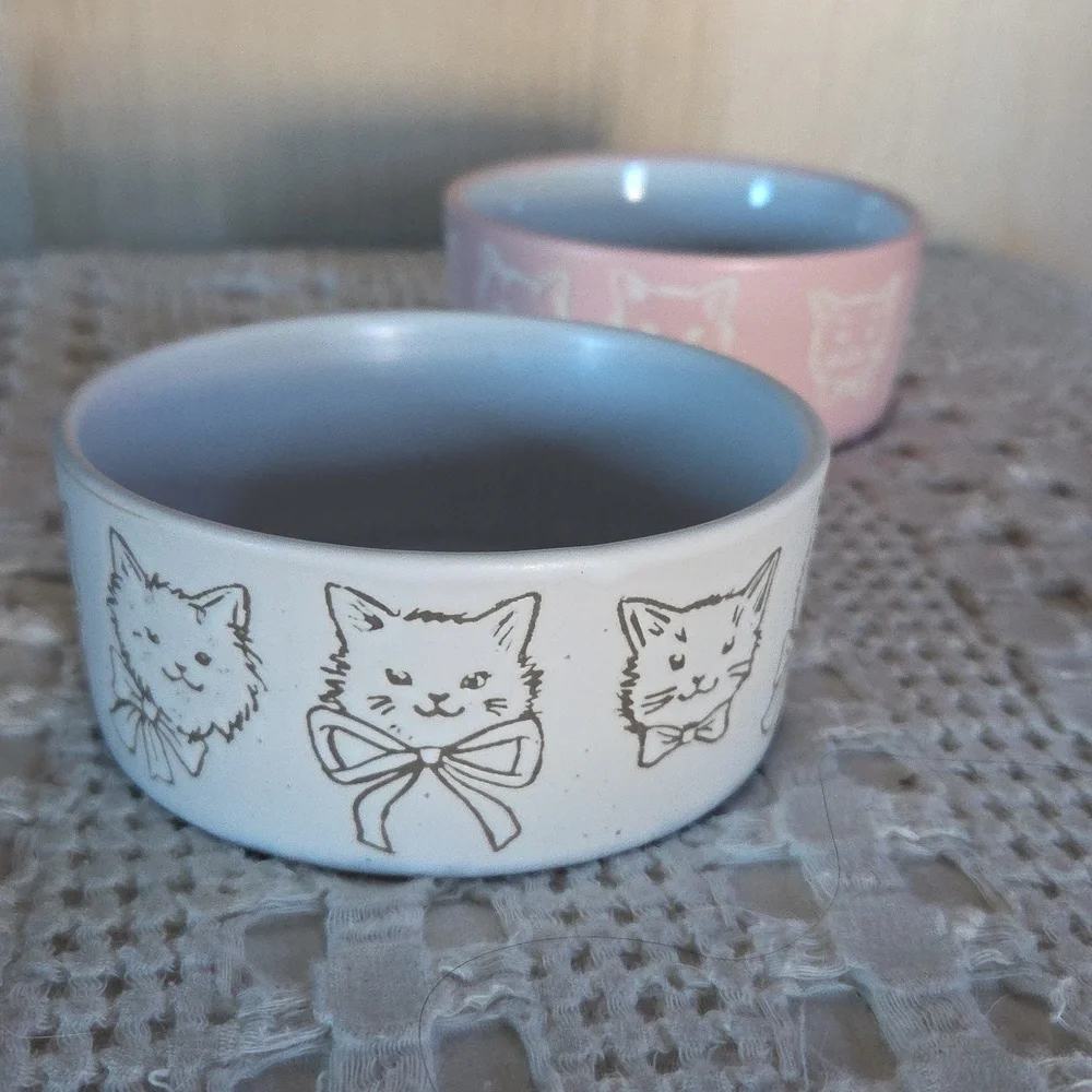 Mellow & Mod Coquette Cute Cats Small Ceramic Pet Bowls Dishes Set of Two